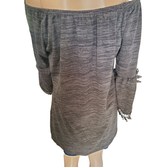 Win Win Boho Black/Gray Tunic Sweater with Crochet Lace Bell Sleeves Size L - Picture 5 of 12